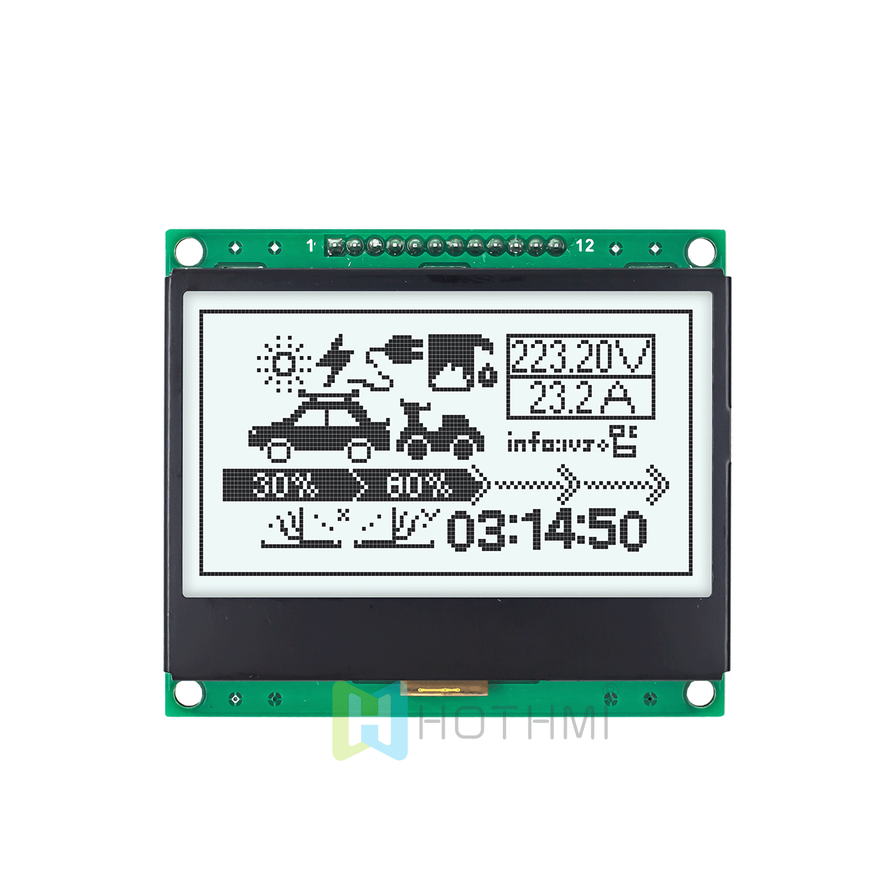 3-inch 128x64 Graphic LCD Display Module | SPI Interface | White Background with Gray Text | FSTN Positive | Transflective Polarizer