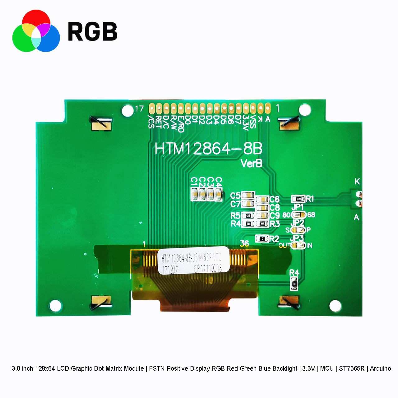 3.0 inch 128x64 LCD Graphic Dot Matrix Module | FSTN Positive Display RGB Red Green Blue Backlight | 3.3V | MCU | ST7565R | Arduino