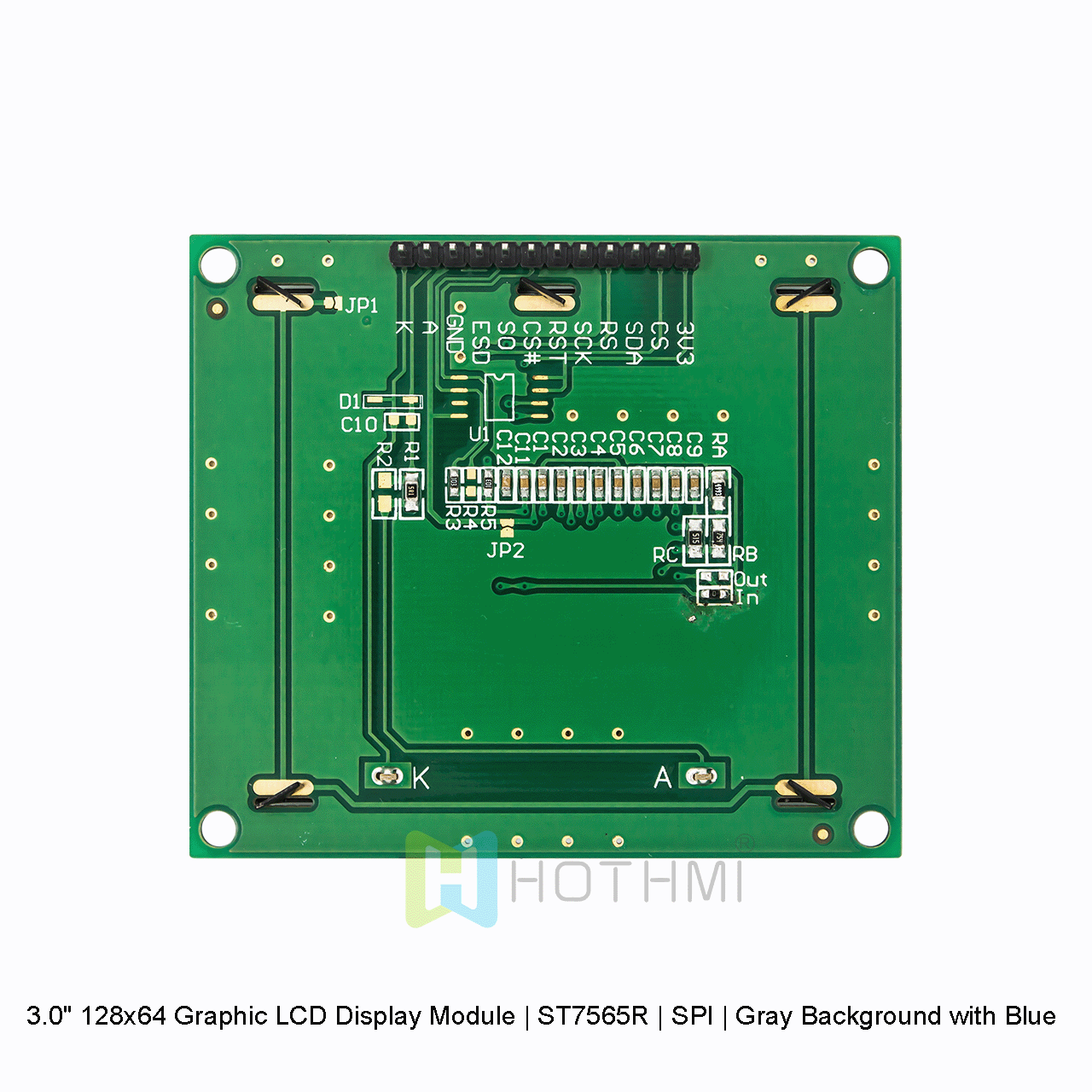 3.0" 128x64 Graphic LCD Display Module | ST7565R | SPI | Gray Background with Blue Text | STN Positive Display
