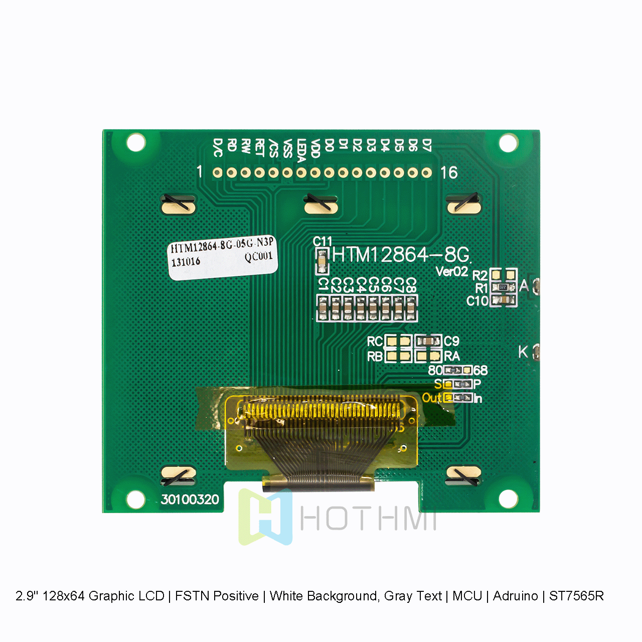 2.9" 128x64 Graphic LCD | FSTN Positive | White Background, Gray Text | MCU | Arduino | ST7565R