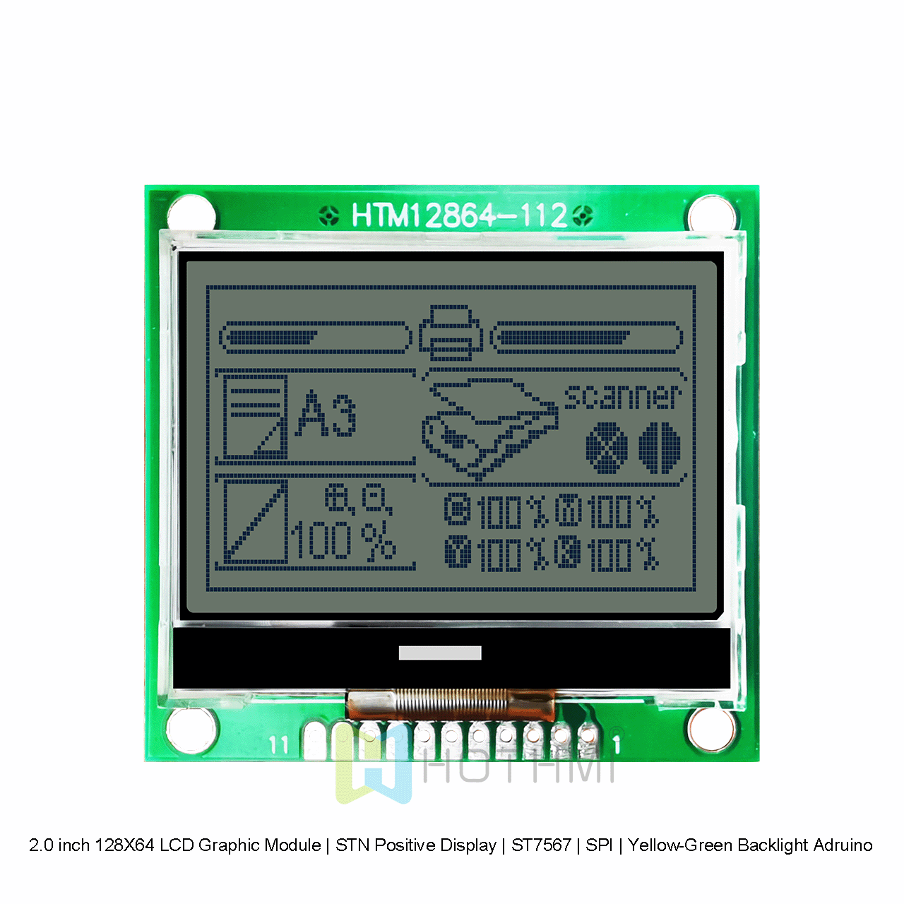 2.0 inch 128X64 LCD Graphic Module | STN Positive Display | ST7567 | SPI | Yellow-Green Backlight Arduino