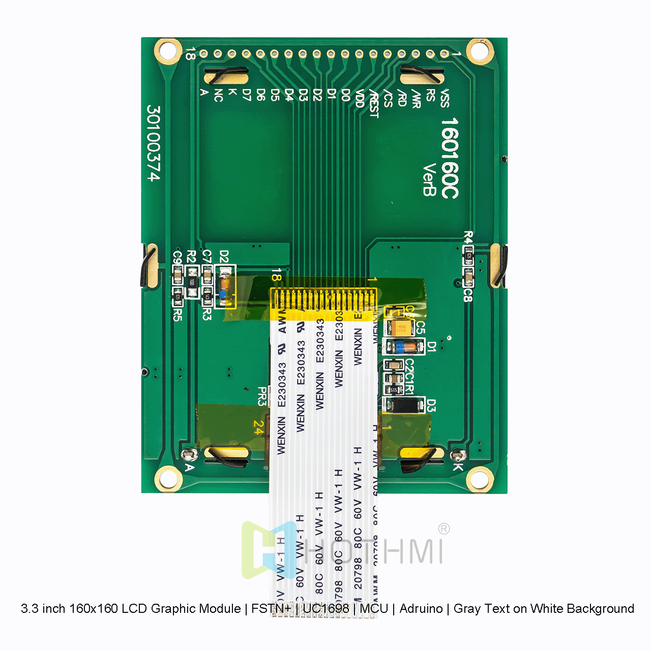 3.3 inch 160x160 LCD Graphic Module | FSTN+ | UC1698 | MCU | Arduino | Gray Text on White Background