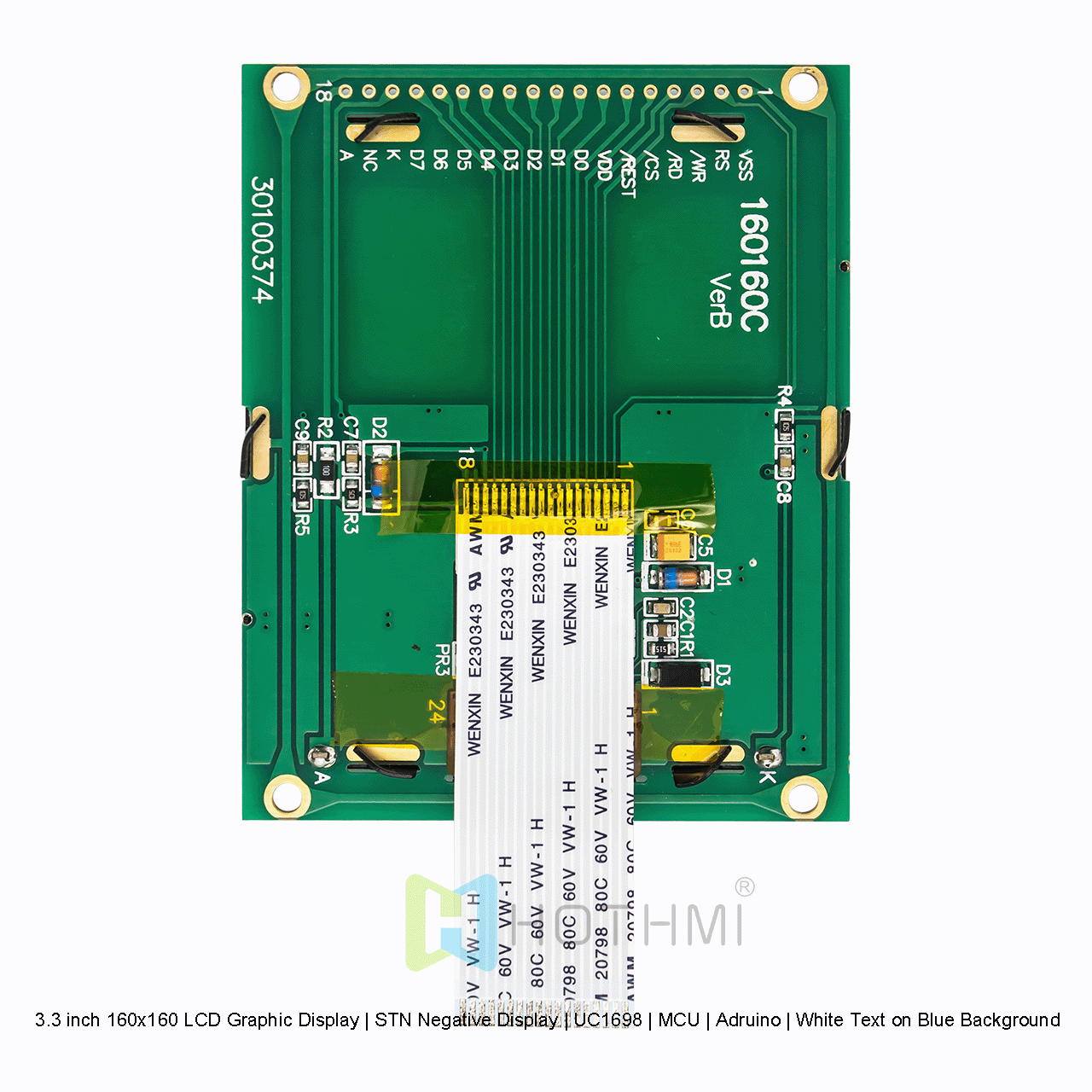 3.3 inch 160x160 LCD Graphic Display | STN Negative Display | UC1698 | MCU | Arduino | White Text on Blue Background