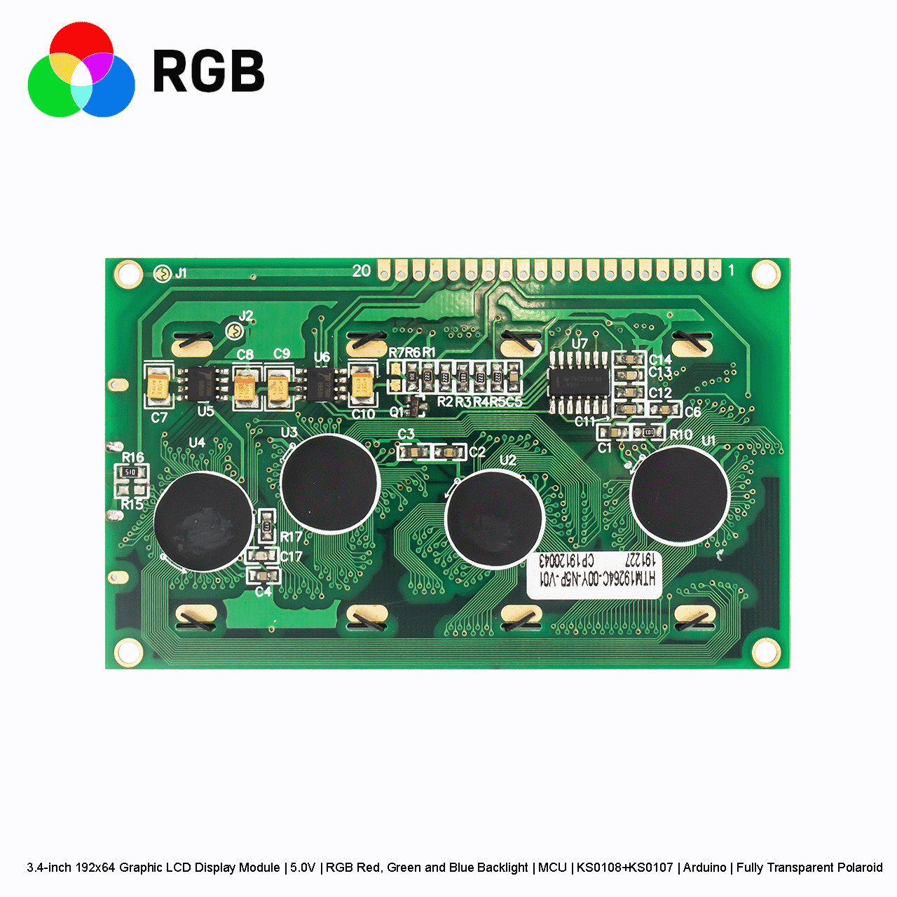 3.4-inch 192x64 Graphic LCD Display Module | 5.0V | RGB Red, Green and Blue Backlight | MCU | KS0108+KS0107 | Arduino | Fully Transparent Polaroid