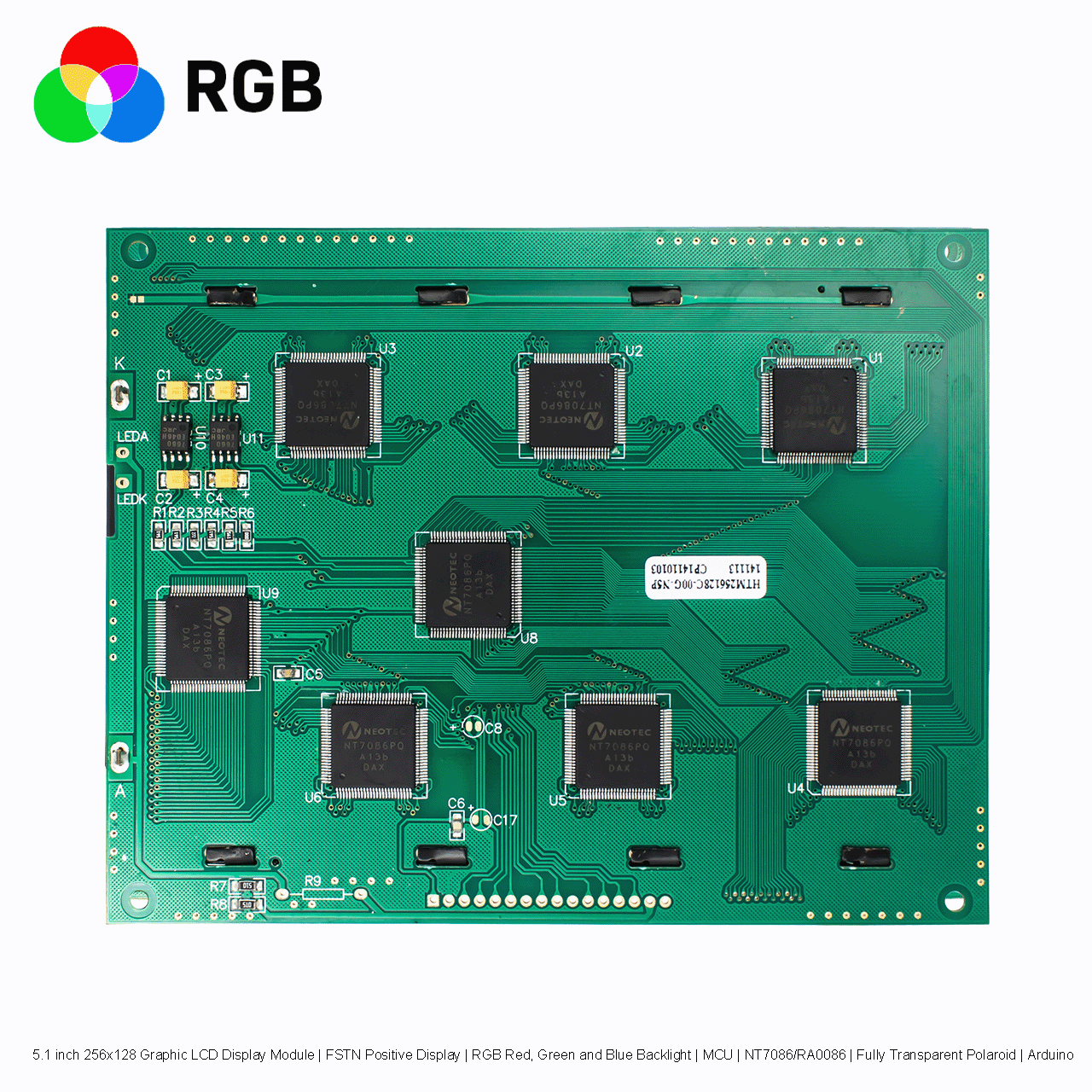 5.1 inch 256x128 Graphic LCD Display Module | FSTN Positive Display | RGB Red, Green and Blue Backlight | MCU | NT7086/RA0086 | Fully Transparent Polaroid | Arduino