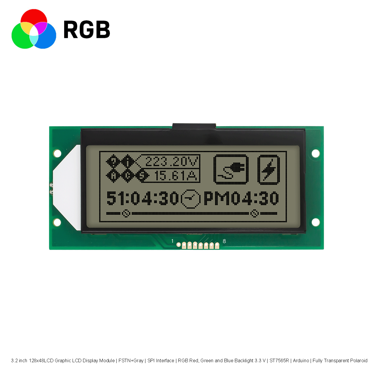 3.2 inch 128x48LCD Graphic LCD Display Module | FSTN+Gray | SPI Interface | RGB Red, Green and Blue Backlight 3.3 V | ST7565R | Arduino