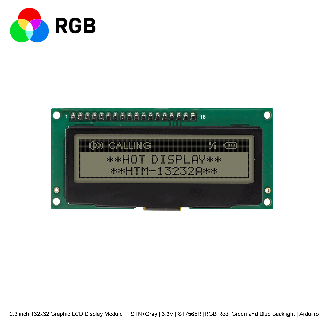 2.6 inch 132x32 Graphic LCD Display Module | FSTN+Gray | 3.3V | ST7565R |RGB Red, Green and Blue Backlight | Arduino