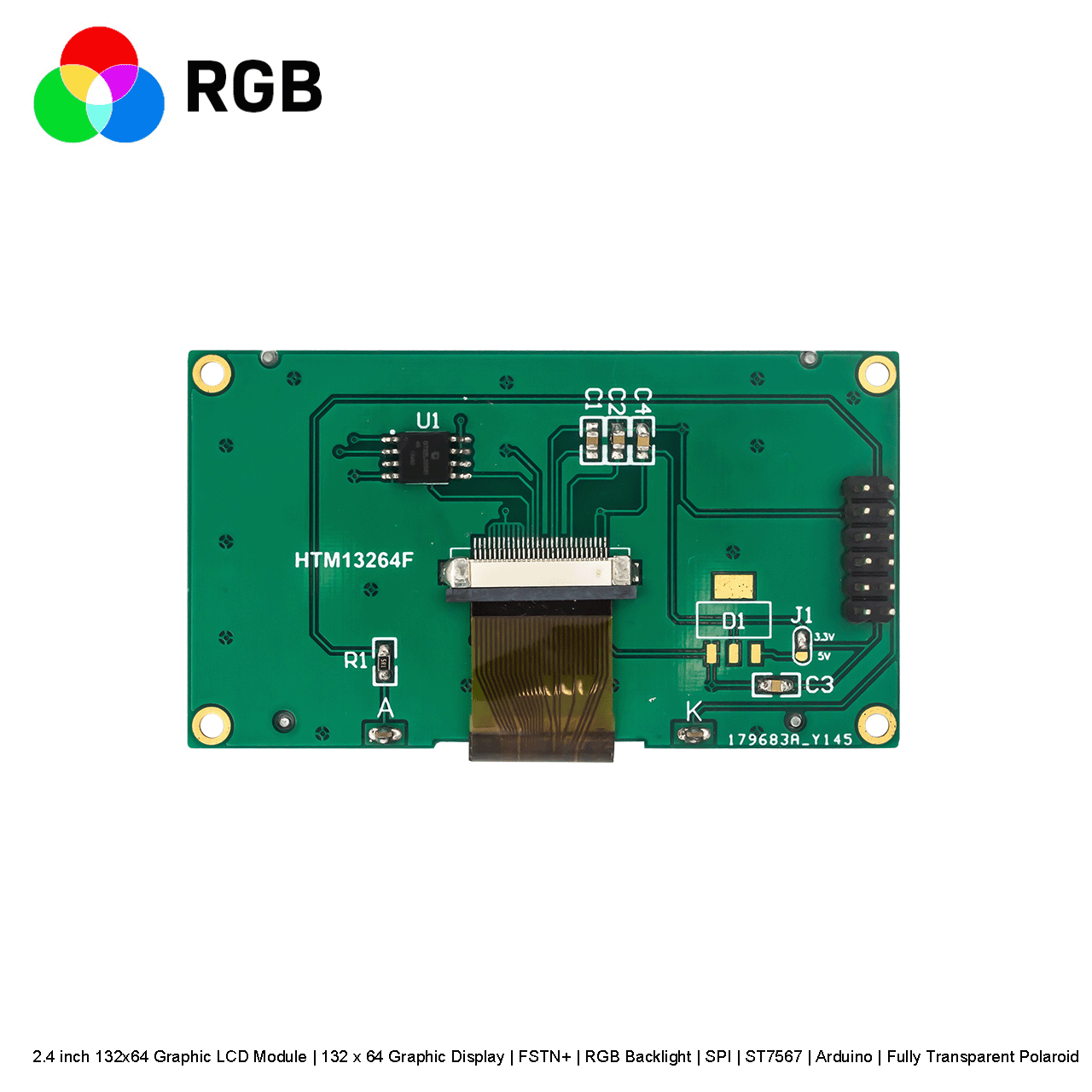 2.4 inch 132x64 Graphic LCD Module | 132 x 64 Graphic Display | FSTN+ | RGB Backlight | SPI | ST7567 | Arduino | Fully Transparent Polaroid