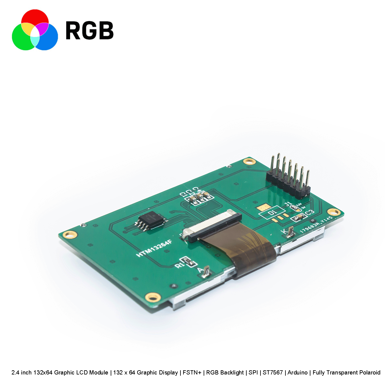2.4 inch 132x64 Graphic LCD Module | 132 x 64 Graphic Display | FSTN+ | RGB Backlight | SPI | ST7567 | Arduino | Fully Transparent Polaroid
