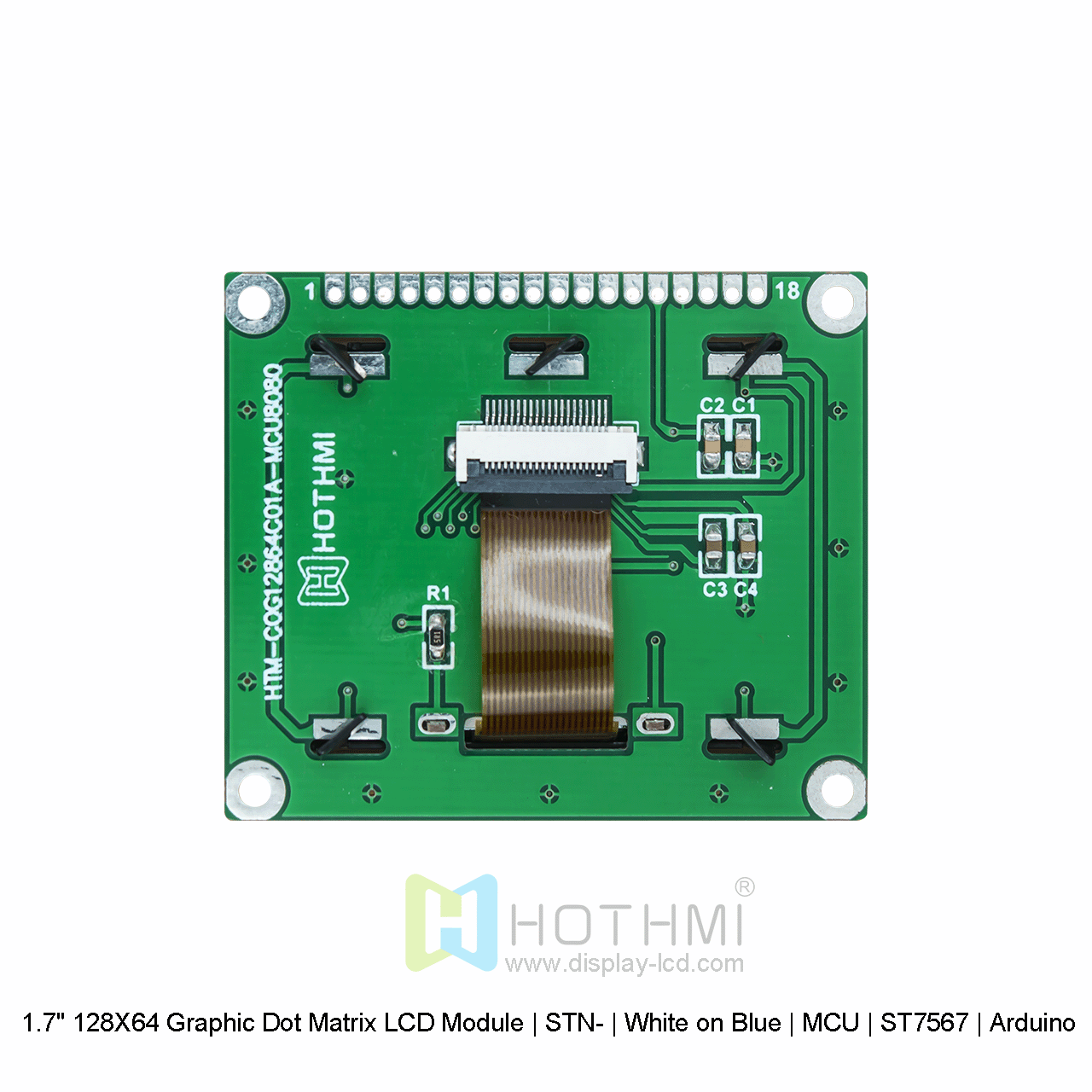 1.7" 128X64 Graphic Dot Matrix LCD Module | STN- | White on Blue | MCU | ST7567 | Arduino