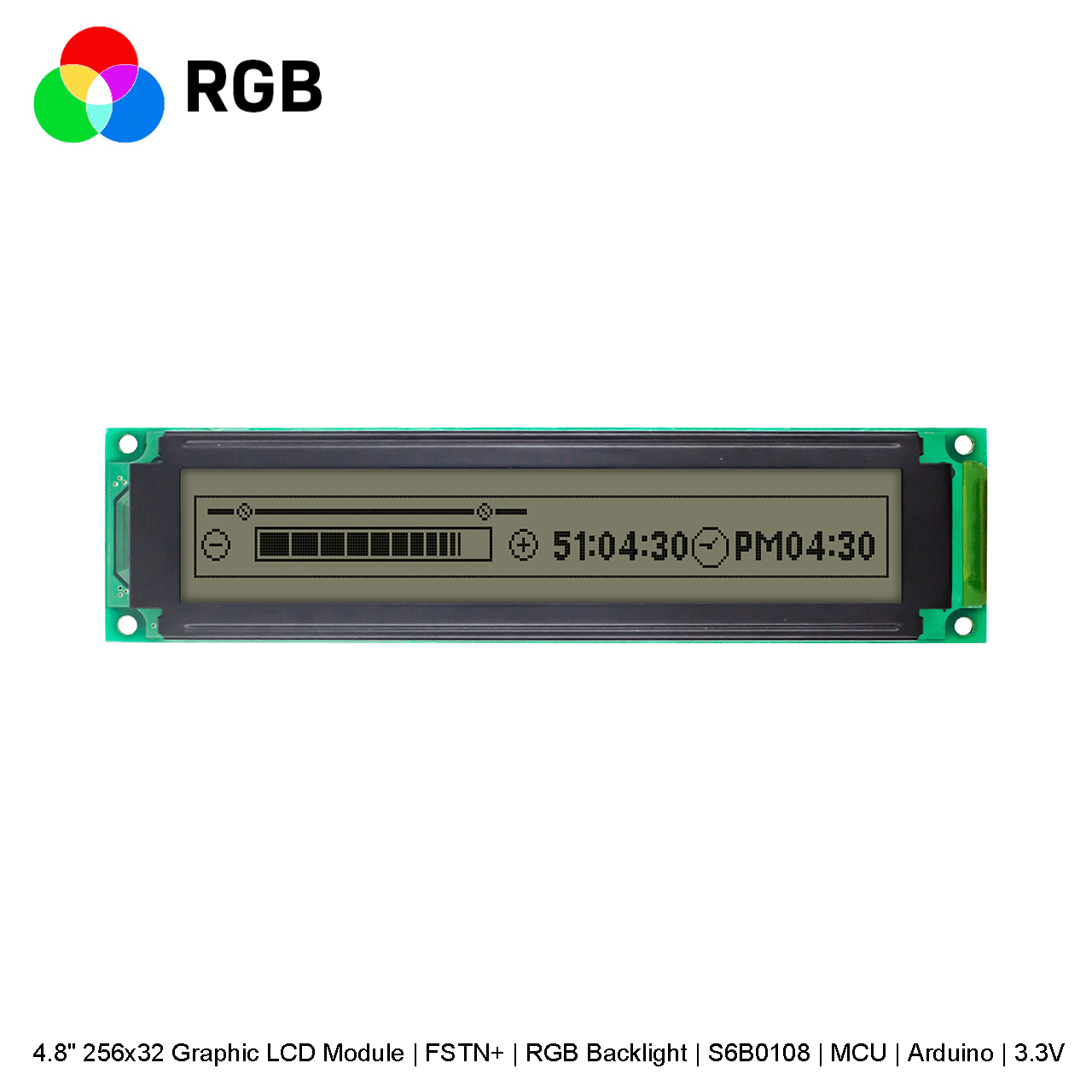 Graphic LCD Module | FSTN+ | 4.8" 256x32 RGB Backlight | S6B0108 | MCU | Arduino | 3.3V