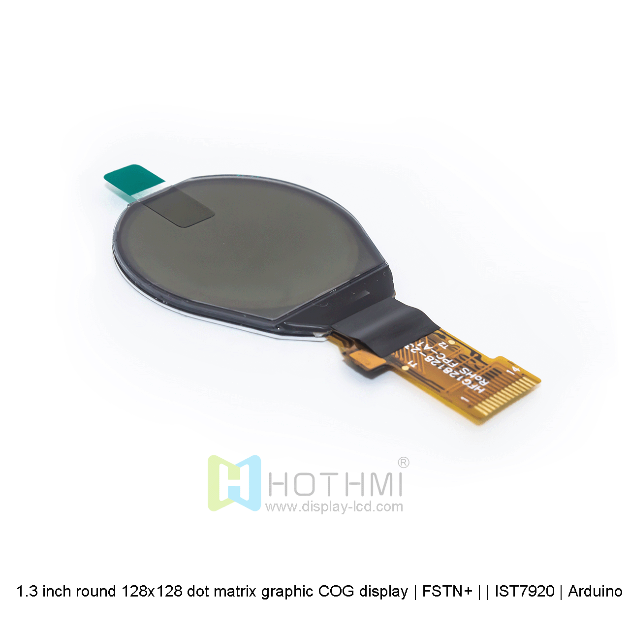 1.3-inch round COG | 128x128 dot graphic COG LCD | 1.3-inch round LCD | FSTN+ | Gray text on white background | IST7920 | Arduino