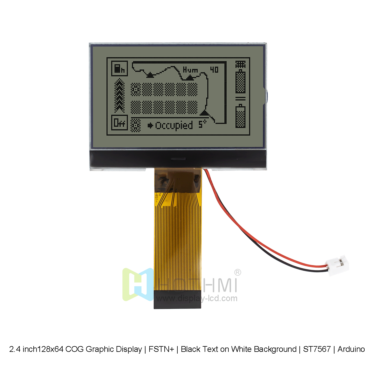 2.4 inch 128x64 Graphic LCD COG | 12864 COG Graphic Display | FSTN+ | Black Text on White Background | ST7567 | Arduino