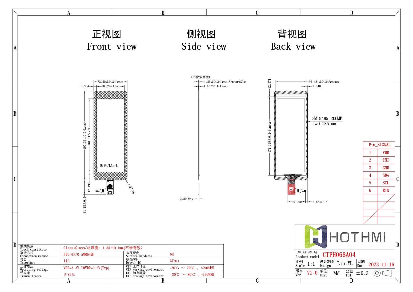 6.8 Inch Capacitive Touchscreen GT911 Controller I2C Interface