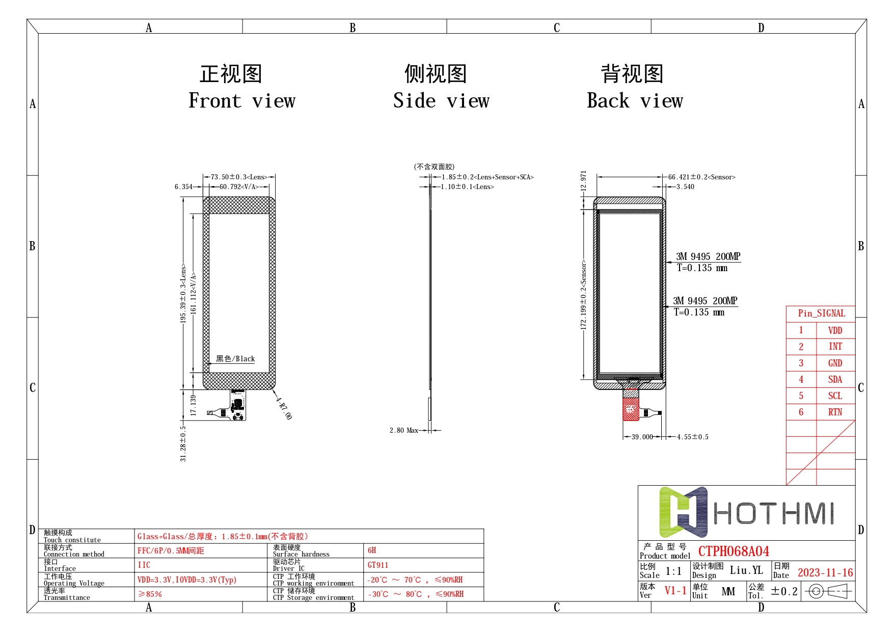6.8 Inch CTP GT911 Controller I2C Interface